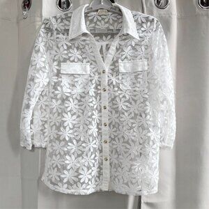 Ember Daisy Top Medium White Button Up Semi Sheer Chiffon Coquette Cottage 18829